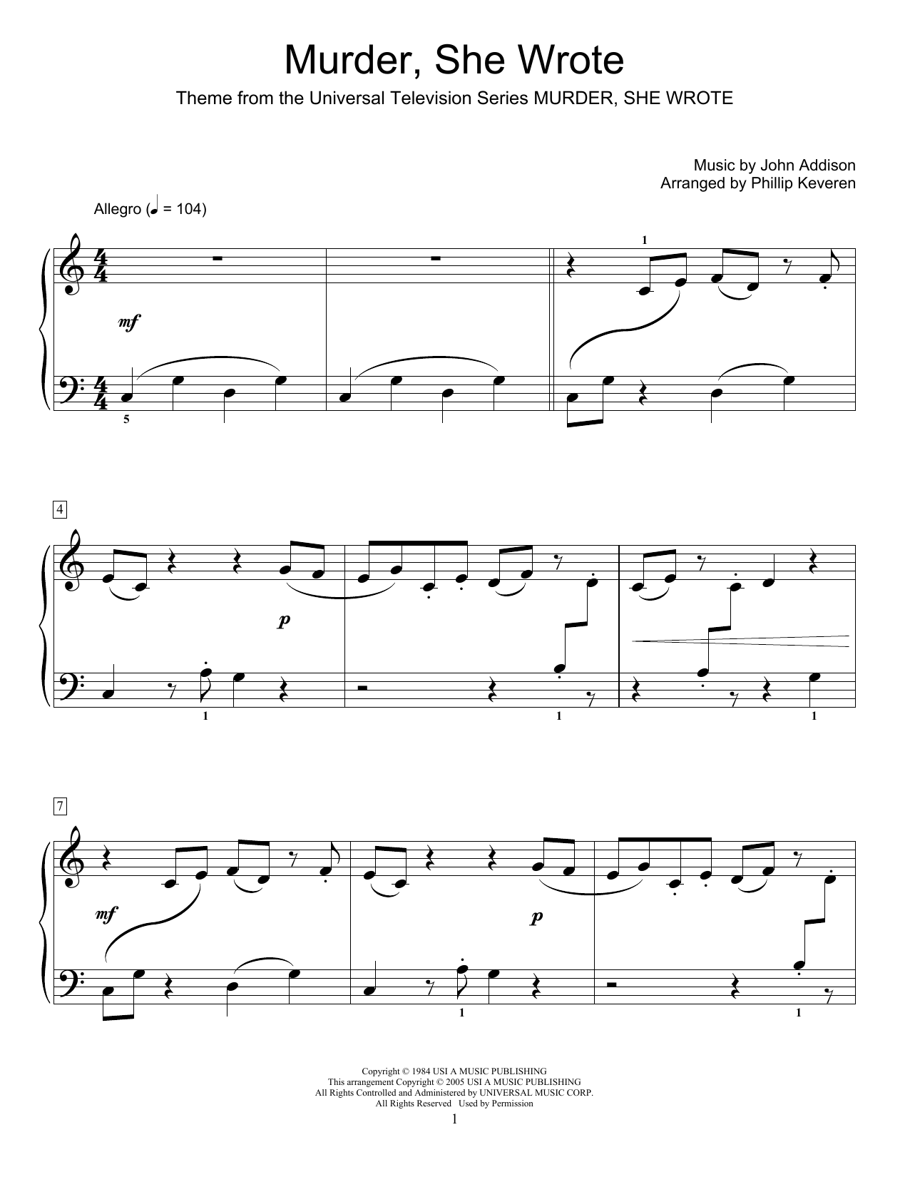 Learn to play Phillip Keveren Murder, She Wrote sheet music for Educational Piano in minutes. Price: 6.9900$ Phillip Keveren Murder, She Wrote sheet music notes and chords arranged for Educational Piano