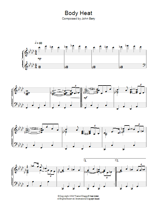 Learn to play John Barry Body Heat (from Body Heat) sheet music for Piano Solo in minutes. John Barry Body Heat (from Body Heat) sheet music notes and chords. Download Printable PDF.