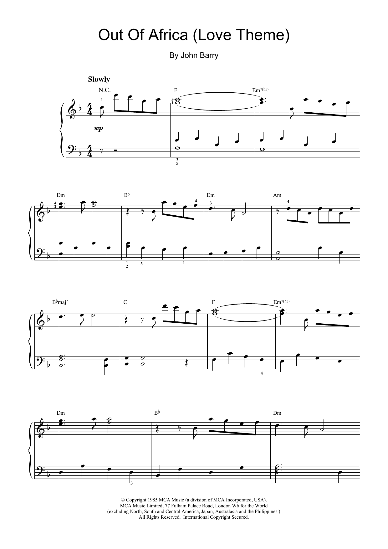 John Barry I Had A Farm In Africa (Main Title from Out Of Africa) sheet music notes and chords. Download Printable PDF.