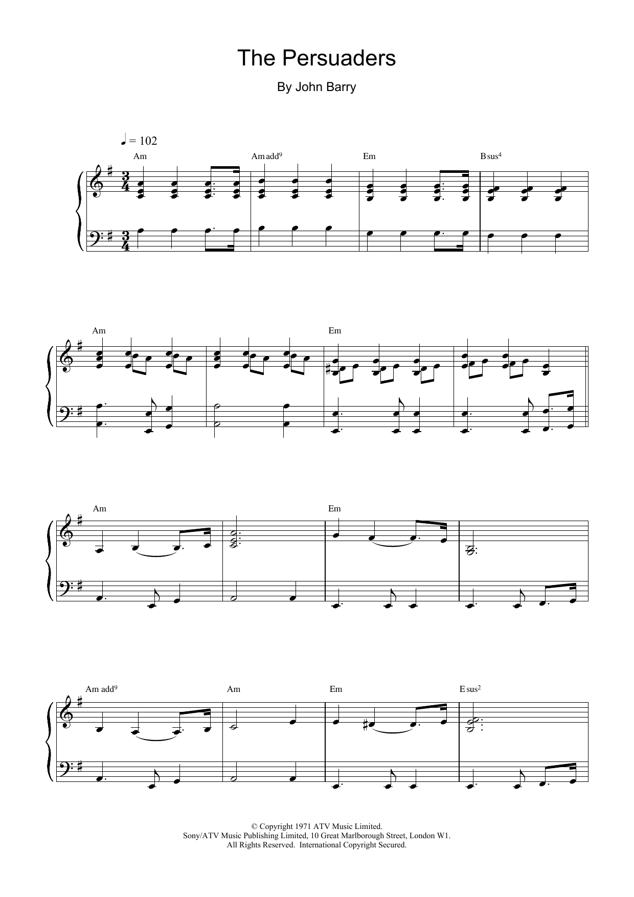 John Barry The Persuaders sheet music notes and chords. Download Printable PDF.