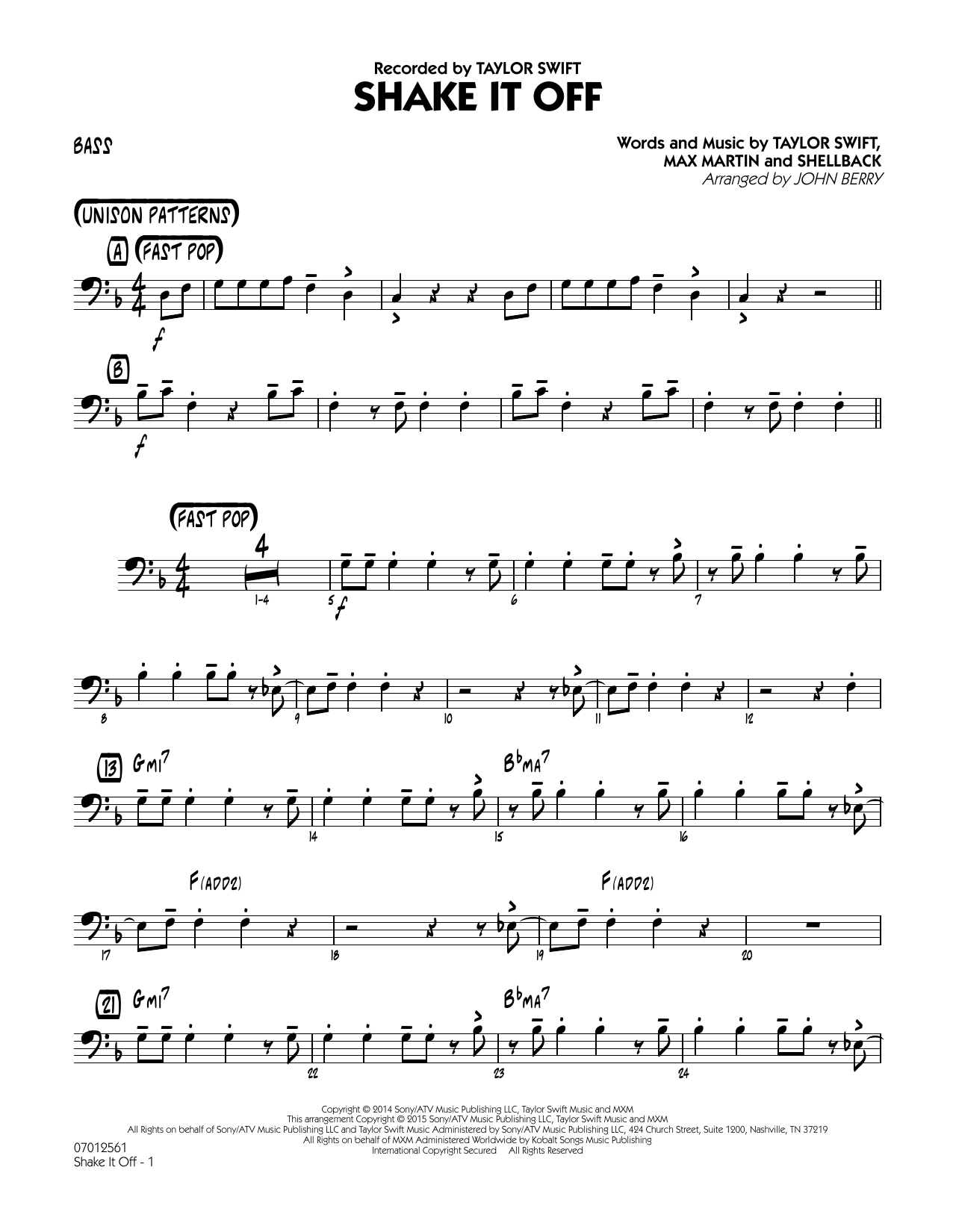 Learn to play John Berry Shake It Off - Bass sheet music for Jazz Ensemble in minutes. Price: 7.8900$ John Berry Shake It Off - Bass sheet music notes and chords arranged for Jazz Ensemble
