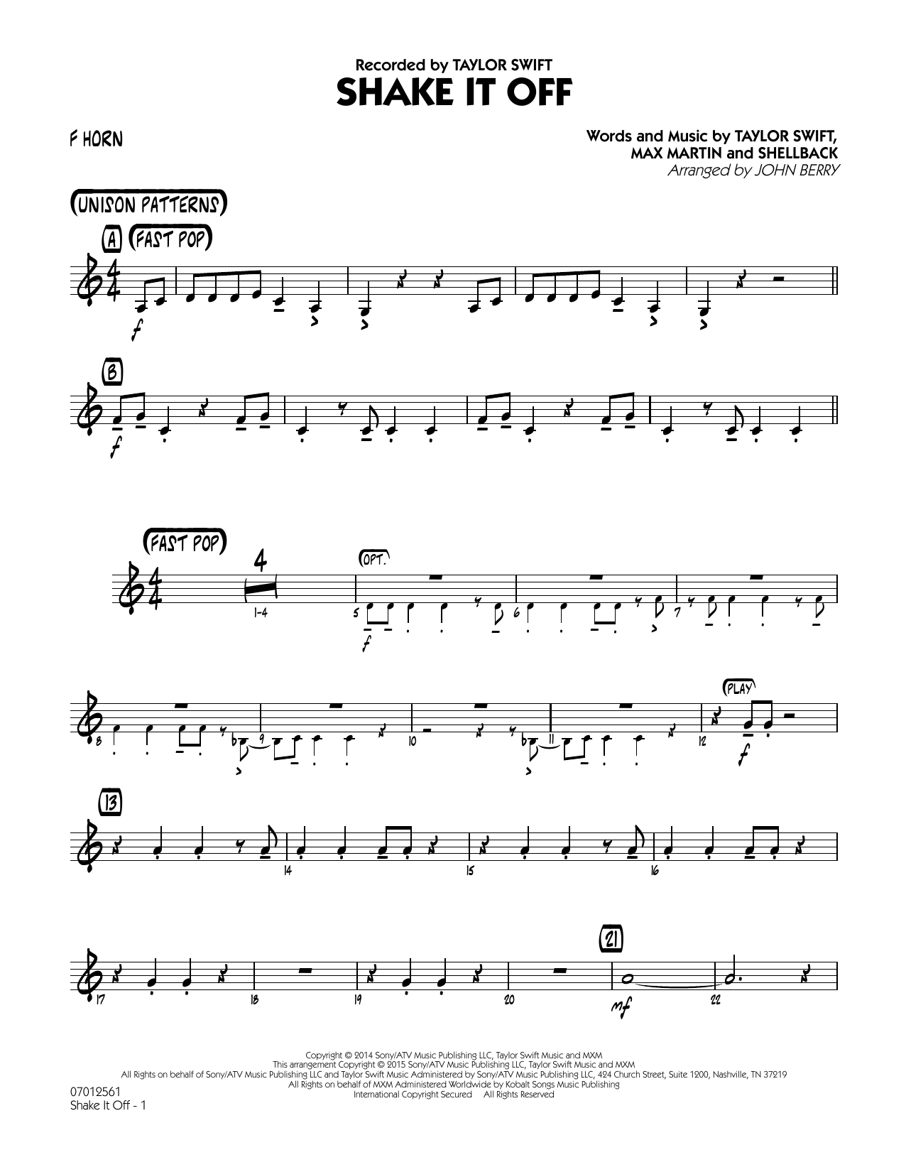 Learn to play John Berry Shake It Off - F Horn sheet music for Jazz Ensemble in minutes. Price: 7.8900$ John Berry Shake It Off - F Horn sheet music notes and chords arranged for Jazz Ensemble