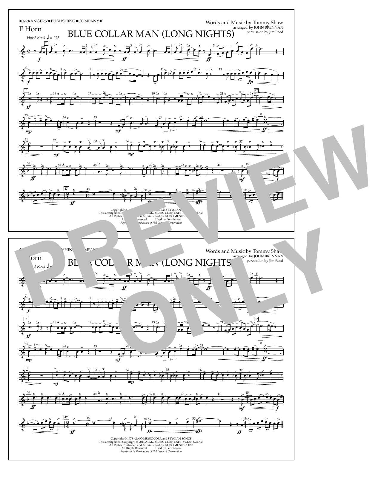 Learn to play John Brennan Blue Collar Man (Long Nights) - F Horn sheet music for Marching Band in minutes. Price: 7.8900$ John Brennan Blue Collar Man (Long Nights) - F Horn sheet music notes and chords arranged for Marching Band