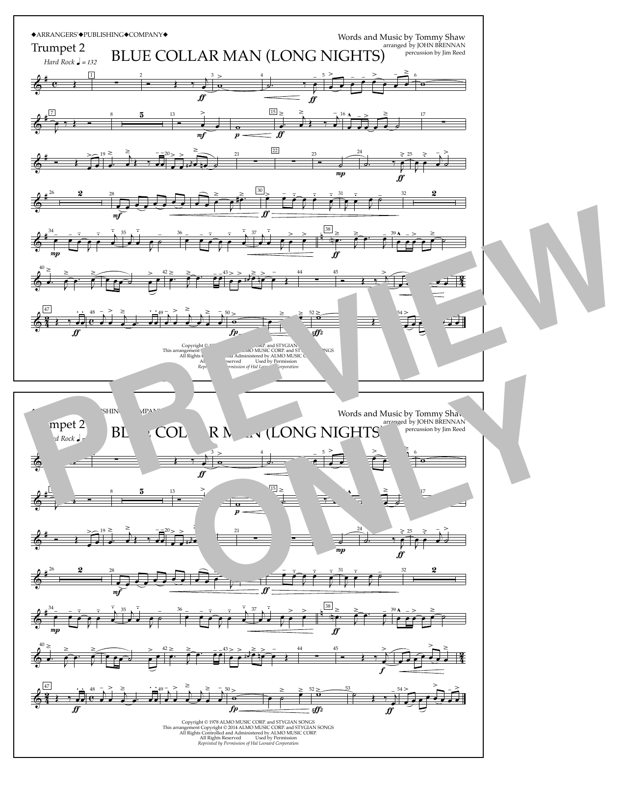Learn to play John Brennan Blue Collar Man (Long Nights) - Trumpet 2 sheet music for Marching Band in minutes. Price: 7.8900$ John Brennan Blue Collar Man (Long Nights) - Trumpet 2 sheet music notes and chords arranged for Marching Band