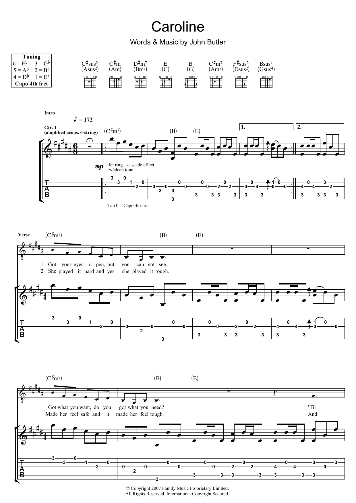 John Butler Caroline sheet music notes and chords. Download Printable PDF.