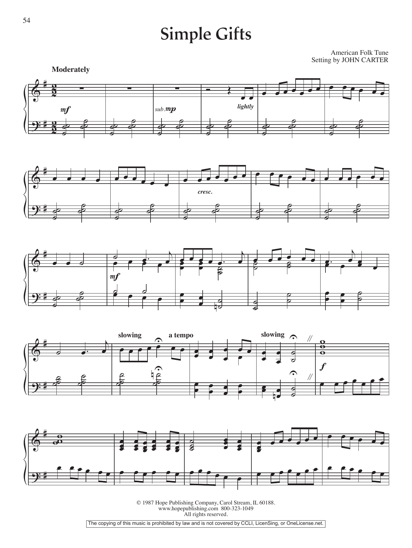 John Carter Simple Gifts sheet music notes and chords. Download Printable PDF.