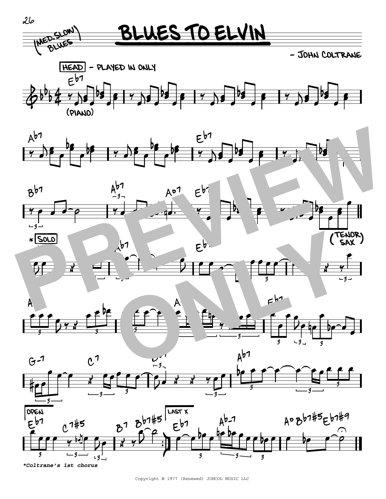 John Coltrane Blues To Elvin sheet music notes and chords. Download Printable PDF.