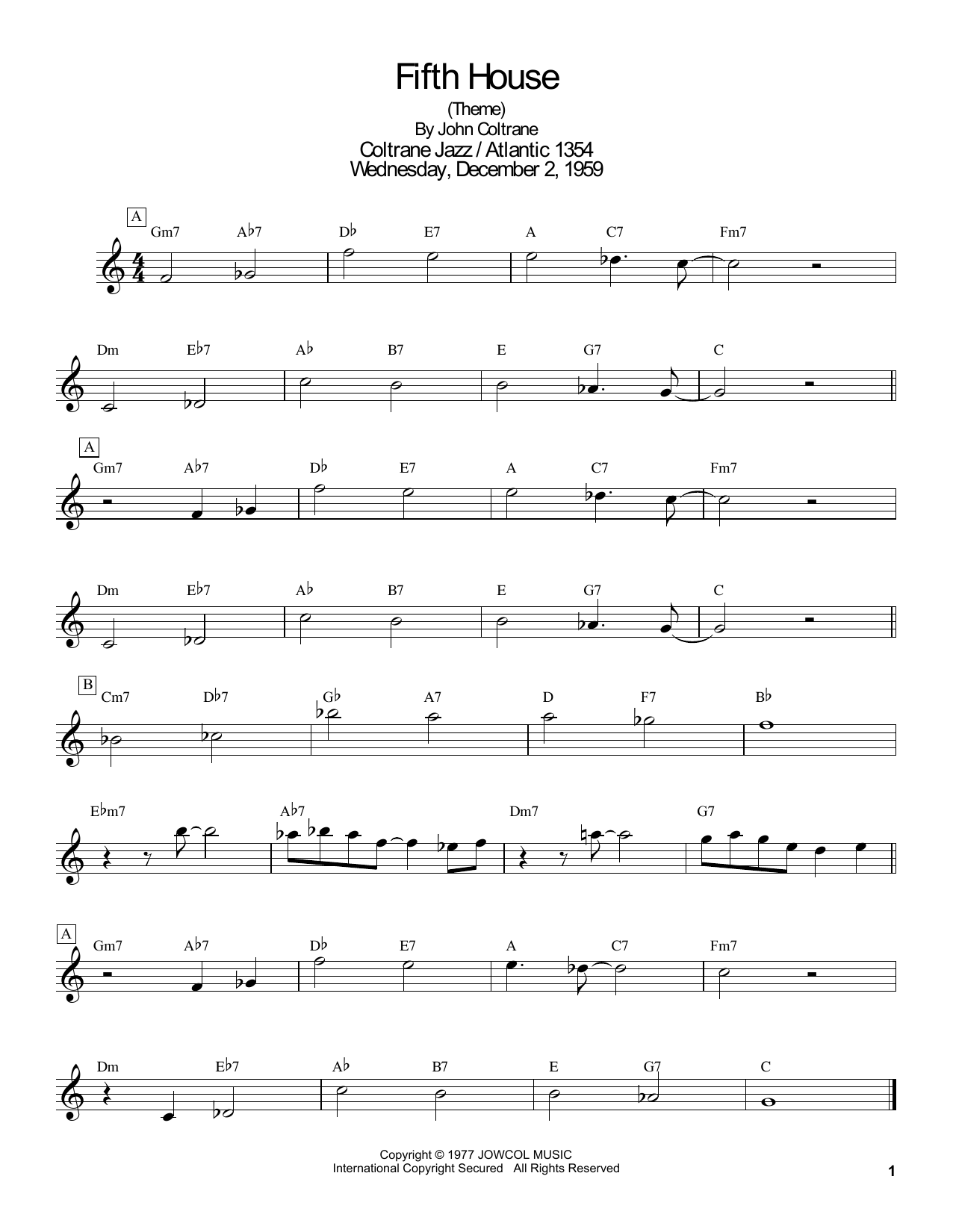 John Coltrane Fifth House sheet music notes and chords. Download Printable PDF.