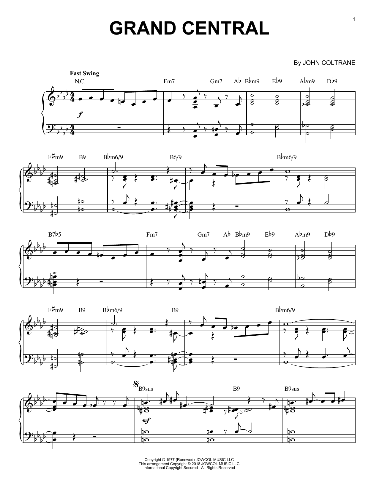 John Coltrane 'Grand Central [Jazz version]' Sheet Music, Chords ...