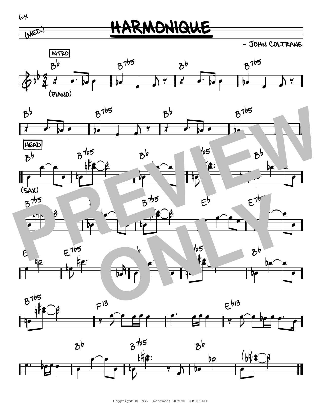 John Coltrane Harmonique sheet music notes and chords. Download Printable PDF.