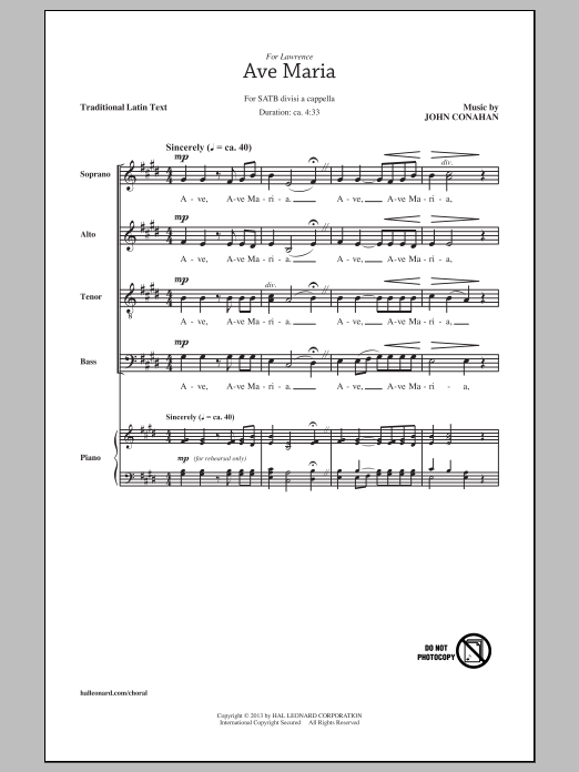 John Conahan Ave Maria sheet music notes and chords. Download Printable PDF.