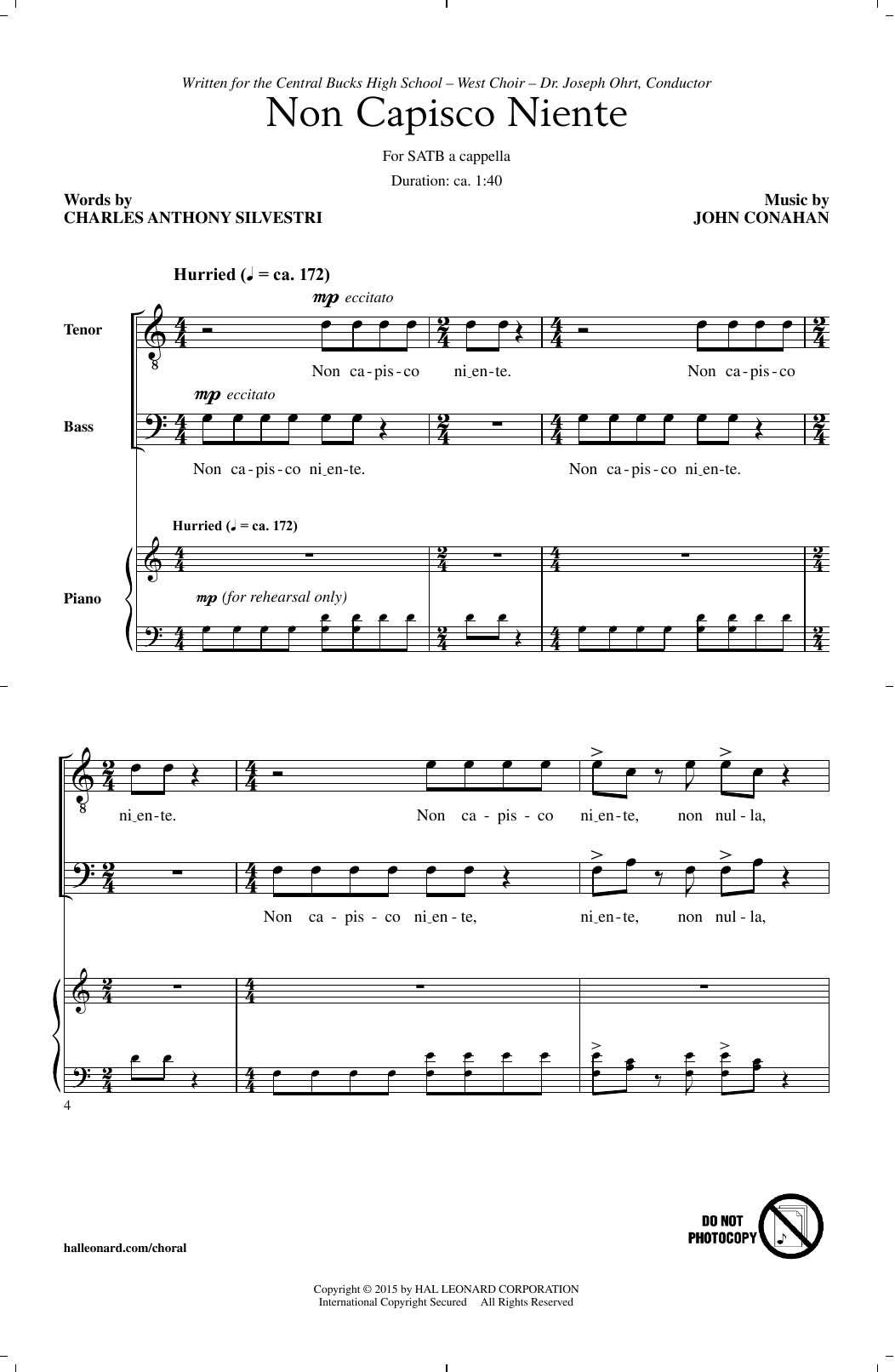 John Conahan Non Capisco Niente sheet music notes and chords. Download Printable PDF.