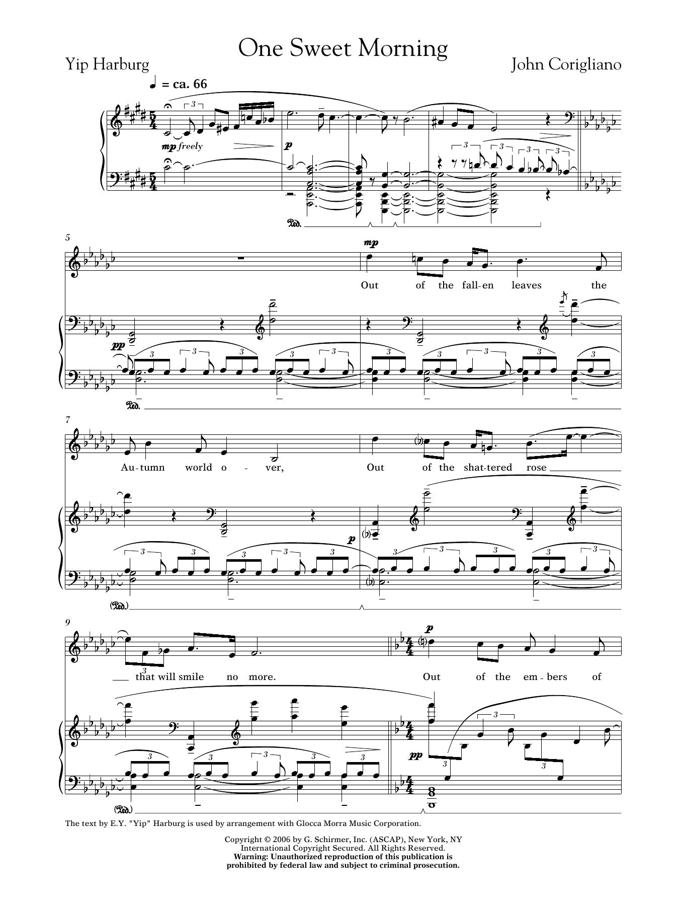 Learn to play John Corigliano One Sweet Morning (female voice) sheet music for Piano & Vocal in minutes. Price: 14.9700$ John Corigliano One Sweet Morning (female voice) sheet music notes and chords arranged for Piano & Vocal