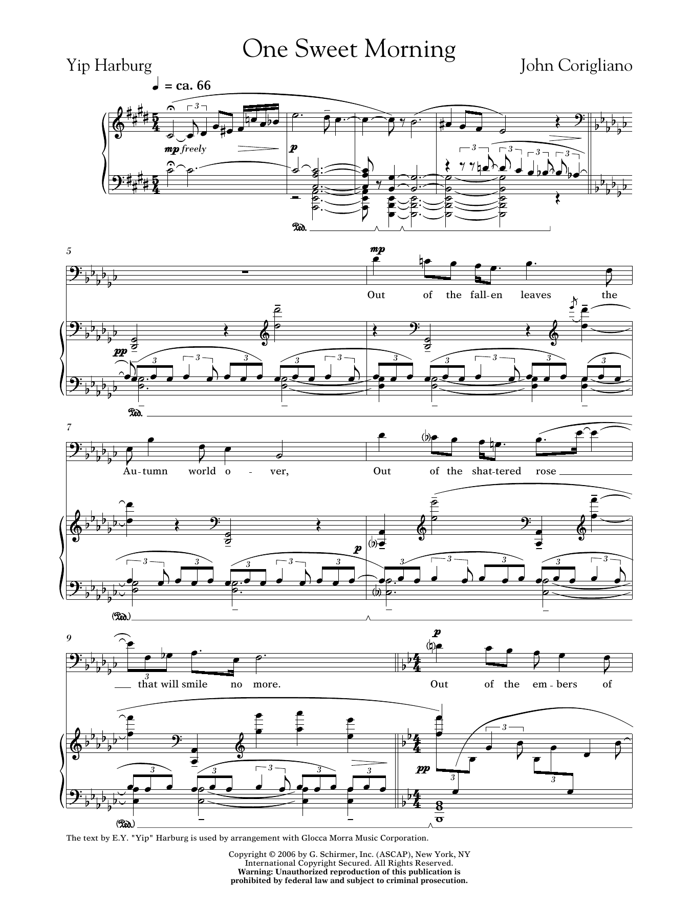 Learn to play John Corigliano One Sweet Morning (male voice) sheet music for Piano & Vocal in minutes. Price: 14.9700$ John Corigliano One Sweet Morning (male voice) sheet music notes and chords arranged for Piano & Vocal