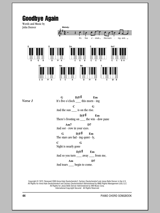 John Denver Goodbye Again sheet music notes and chords. Download Printable PDF.