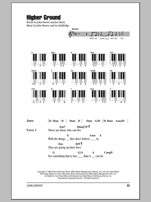 John Denver Higher Ground sheet music notes and chords. Download Printable PDF.