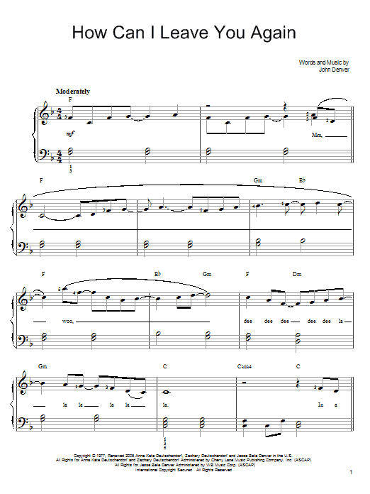 Learn to play John Denver How Can I Leave You Again sheet music for Piano Chords/Lyrics in minutes. Price: 3.9900$ John Denver How Can I Leave You Again sheet music notes and chords arranged for Piano Chords/Lyrics