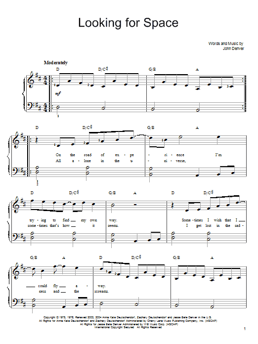 Learn to play John Denver Looking For Space sheet music for Piano Chords/Lyrics in minutes. Price: 3.9900$ John Denver Looking For Space sheet music notes and chords arranged for Piano Chords/Lyrics