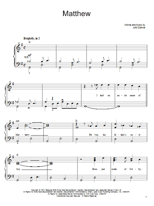 John Denver Matthew sheet music notes and chords. Download Printable PDF.
