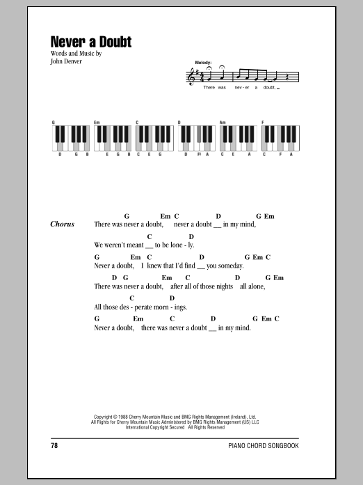 John Denver Never A Doubt sheet music notes and chords. Download Printable PDF.