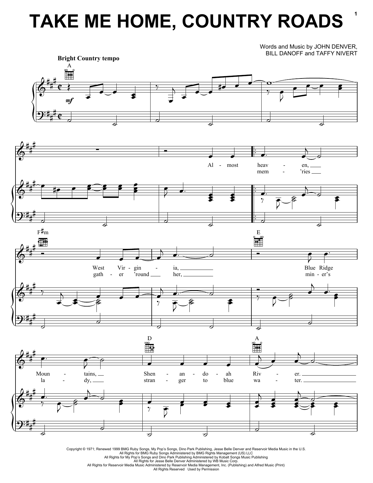 John Denver Take Me Home, Country Roads sheet music notes and chords. Download Printable PDF.