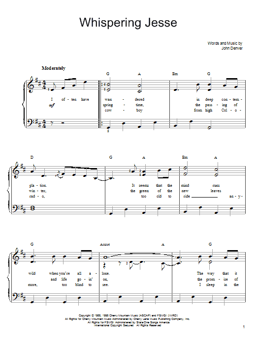 John Denver Whispering Jesse sheet music notes and chords. Download Printable PDF.