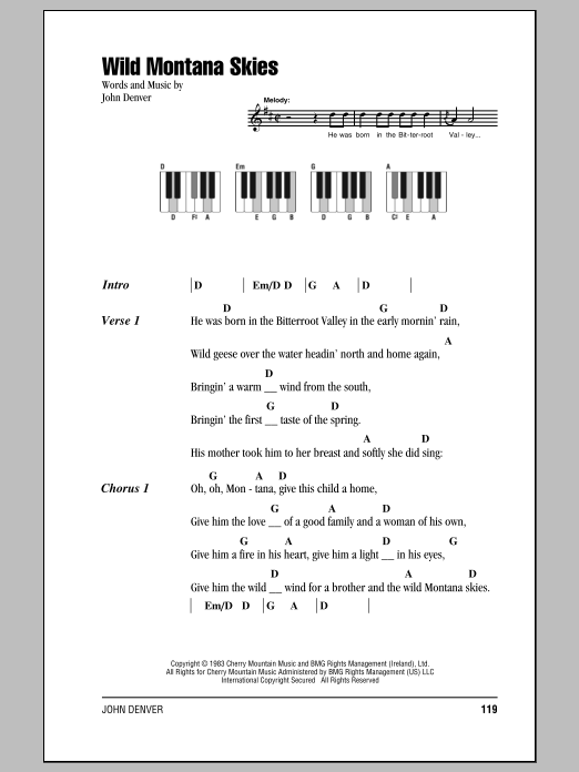 John Denver Wild Montana Skies sheet music notes and chords. Download Printable PDF.