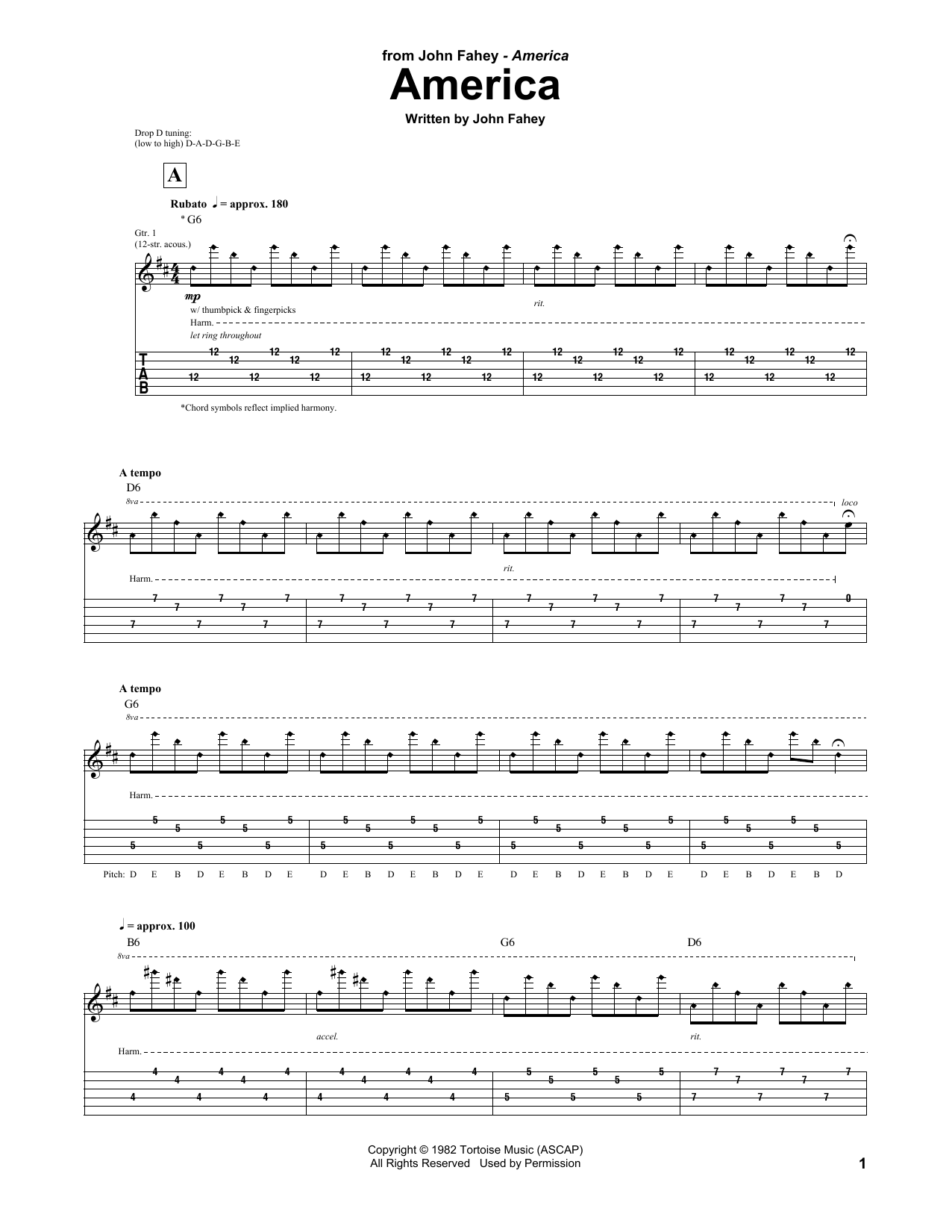 John Fahey America sheet music notes and chords. Download Printable PDF.