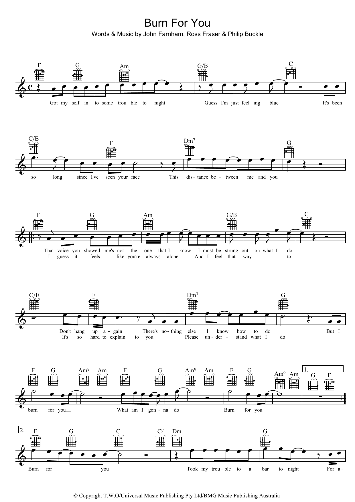 Learn to play John Farnham Burn For You sheet music for Easy Piano in minutes. John Farnham Burn For You sheet music notes and chords. Download Printable PDF.