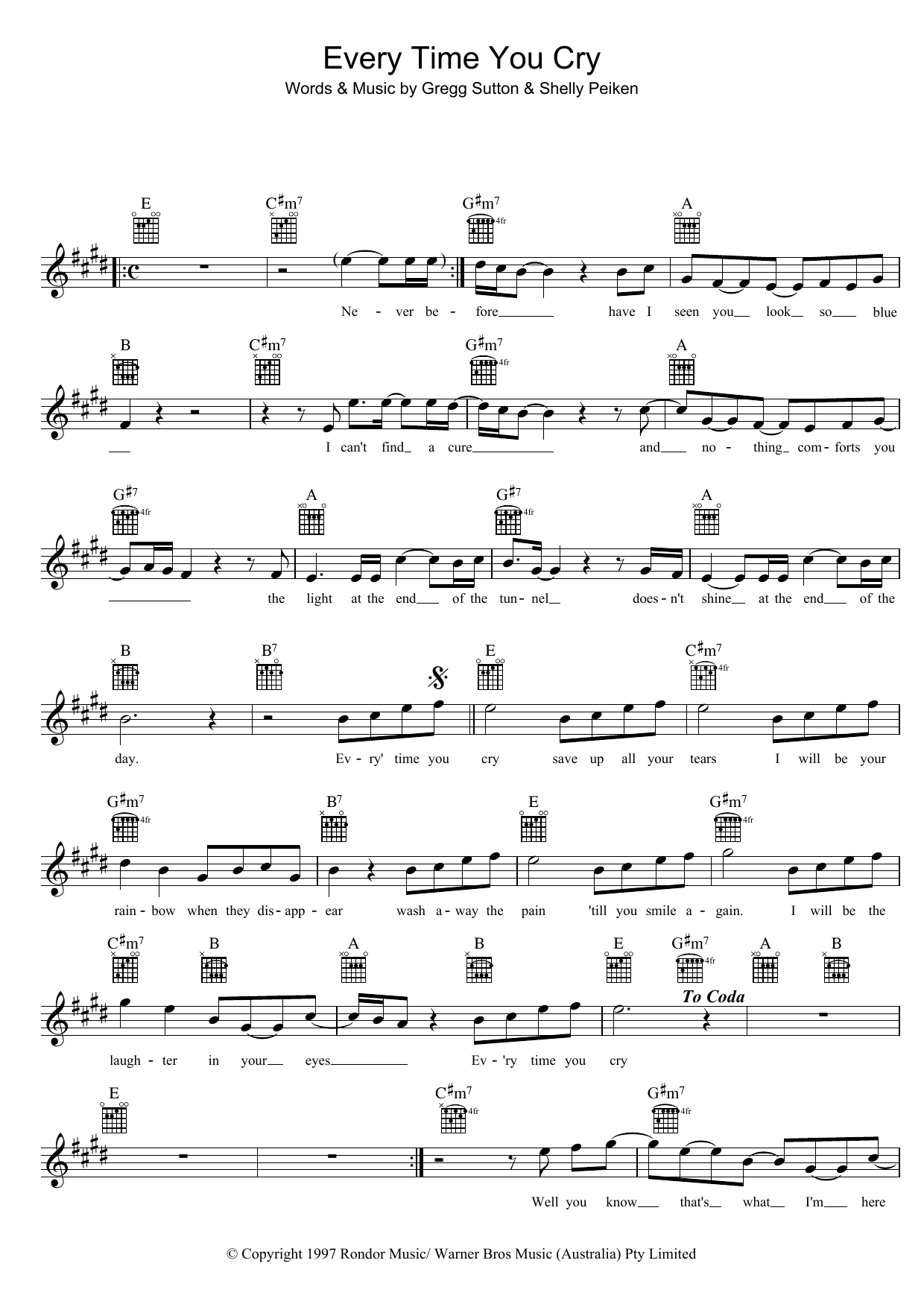 John Farnham Every Time You Cry Sheet Music Pdf Notes Chords Rock Score Lead Sheet Fake Book Download Printable Sku 39325