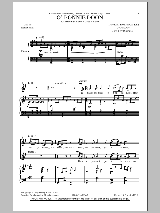 Learn to play John Floyd Campbell O' Bonnie Doon sheet music for 3-Part Treble Choir in minutes. Price: 3.9900$ John Floyd Campbell O' Bonnie Doon sheet music notes and chords arranged for 3-Part Treble Choir