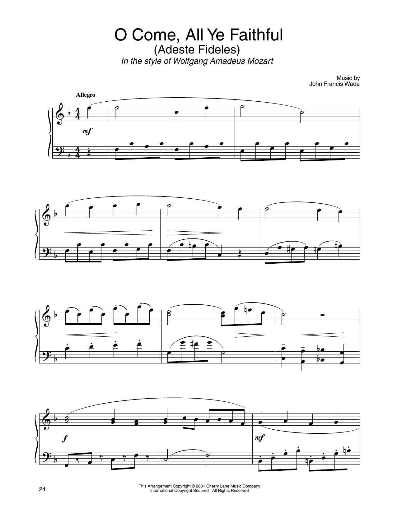Learn to play John Francis Wade O Come, All Ye Faithful (in the style of Mozart) (arr. Carol Klose) sheet music for Piano Solo in minutes. Price: 7.8900$ John Francis Wade O Come, All Ye Faithful (in the style of Mozart) (arr. Carol Klose) sheet music notes and chords arranged for Piano Solo