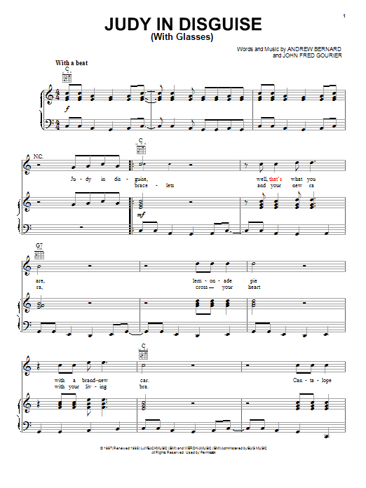 Learn to play John Fred & His Playboy Band Judy In Disguise (With Glasses) sheet music for Piano, Vocal & Guitar (Right-Hand Melody) in minutes. John Fred & His Playboy Band Judy In Disguise (With Glasses) sheet music notes and chords. Download Printable PDF.