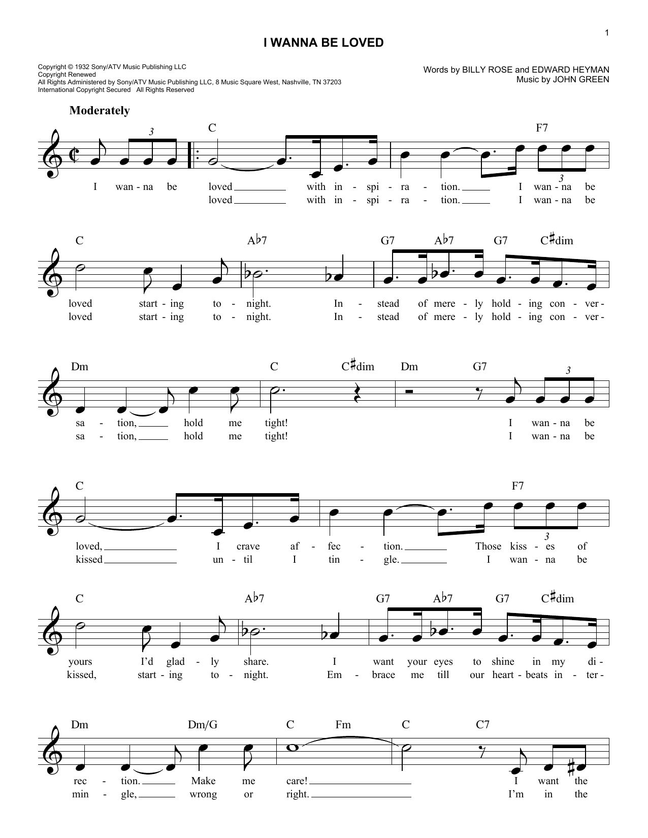 John Green I Wanna Be Loved sheet music notes and chords arranged for Easy Lead Sheet / Fake Book