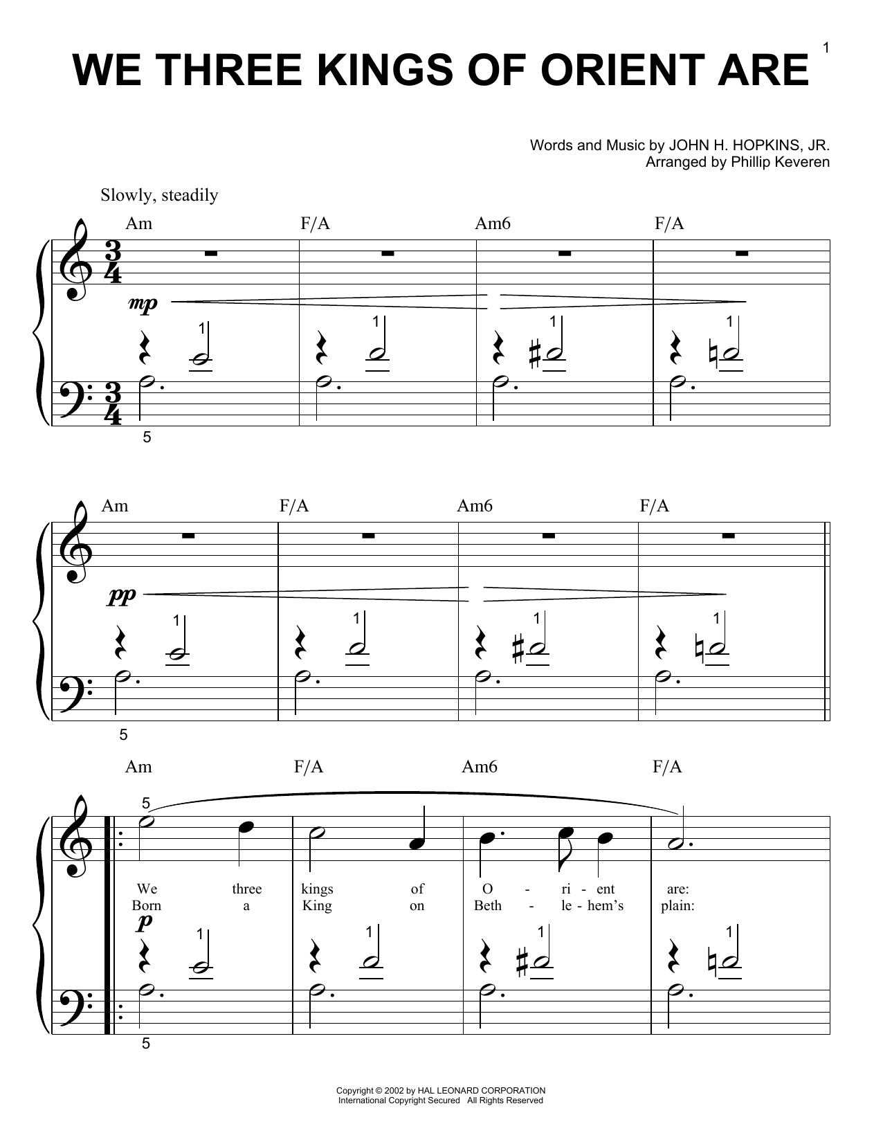 Learn to play John H. Hopkins, Jr. We Three Kings Of Orient Are (arr. Phillip Keveren) sheet music for Easy Piano Solo in minutes. Price: 6.9900$ John H. Hopkins, Jr. We Three Kings Of Orient Are (arr. Phillip Keveren) sheet music notes and chords arranged for Easy Piano Solo