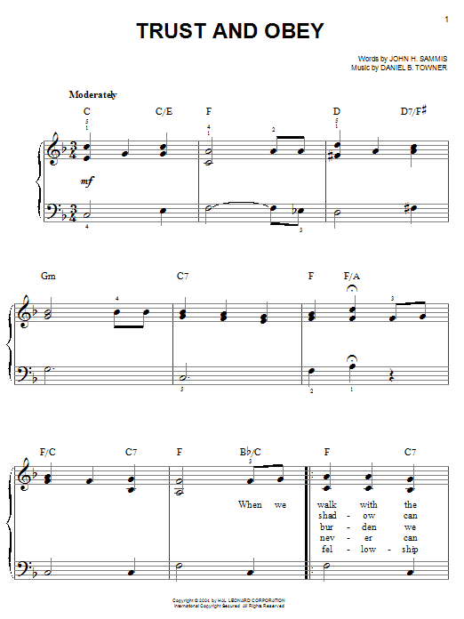 Learn to play John H. Sammis Trust And Obey sheet music for Piano Solo in minutes. John H. Sammis Trust And Obey sheet music notes and chords