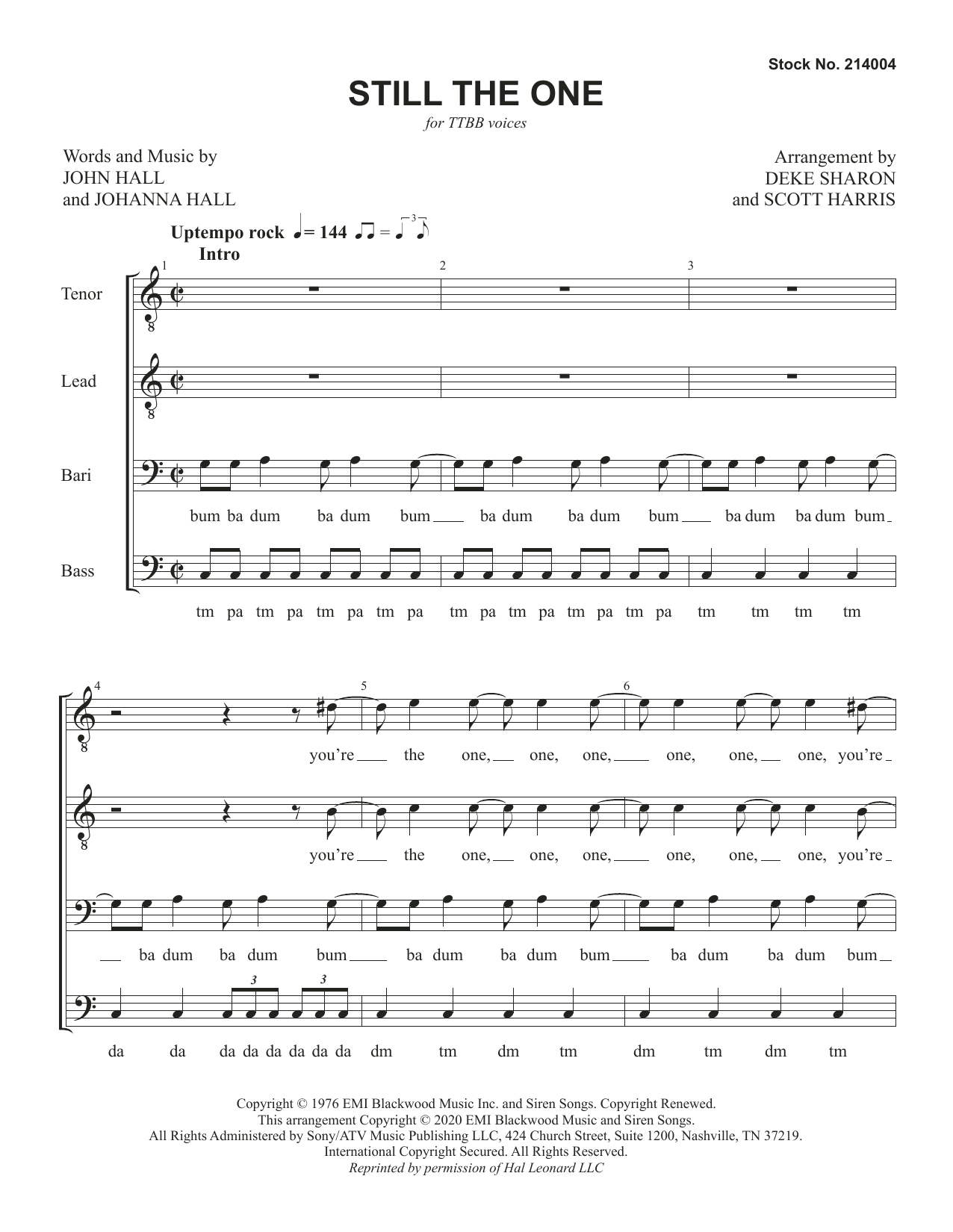Learn to play John Hall & Johanna Hall Still The One (arr. Deke Sharon & Scott Harris) sheet music for TTBB Choir in minutes. Price: 3.9900$ John Hall & Johanna Hall Still The One (arr. Deke Sharon & Scott Harris) sheet music notes and chords arranged for TTBB Choir