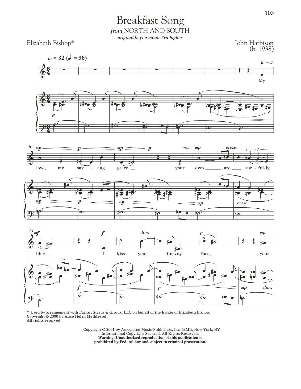 John Harbison Breakfast Song sheet music notes and chords. Download Printable PDF.