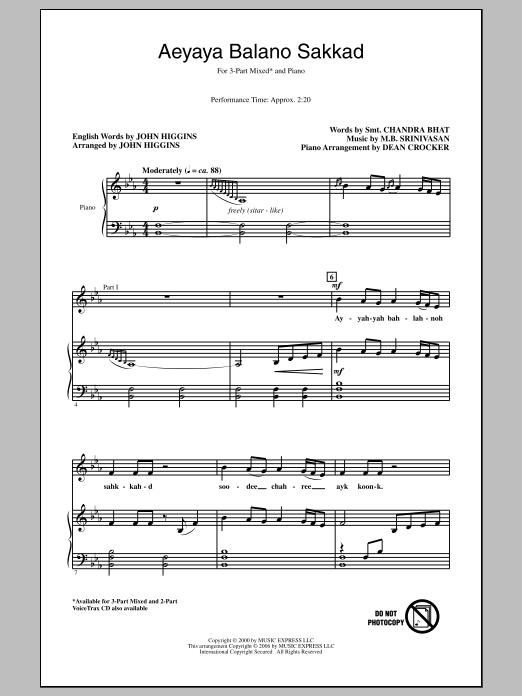 John Higgins Aeyaya Balano Sakkad sheet music notes and chords. Download Printable PDF.