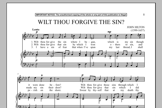 Learn to play John Hilton Wilt Thou Forgive The Sin? sheet music for Piano & Vocal in minutes. Price: 6.9900$ John Hilton Wilt Thou Forgive The Sin? sheet music notes and chords arranged for Piano & Vocal