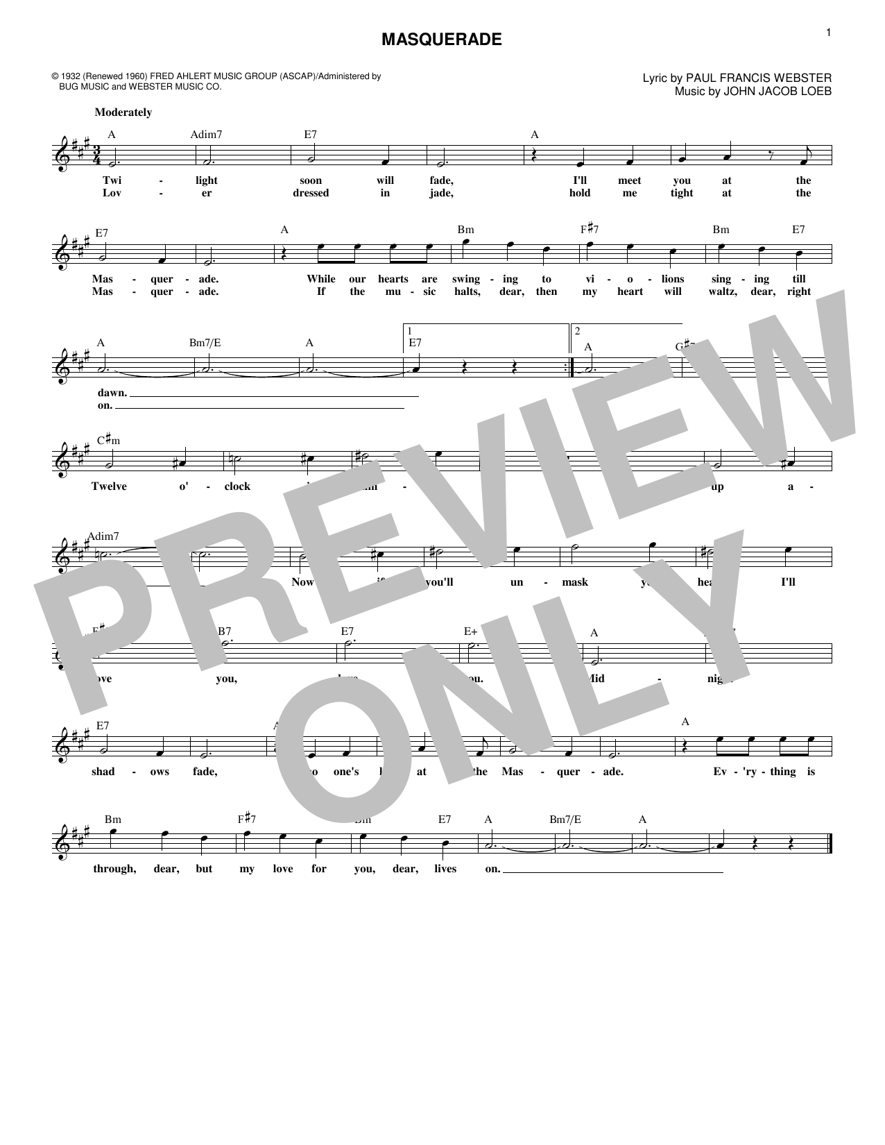 John Jacob Loeb Masquerade sheet music notes and chords. Download Printable PDF.