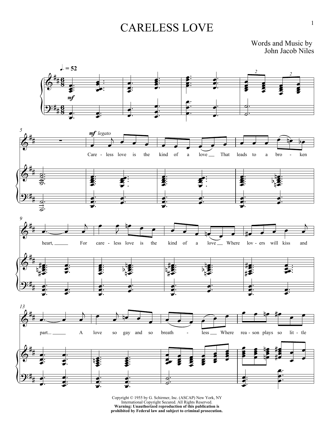 John Jacob Niles Careless Love sheet music notes and chords. Download Printable PDF.