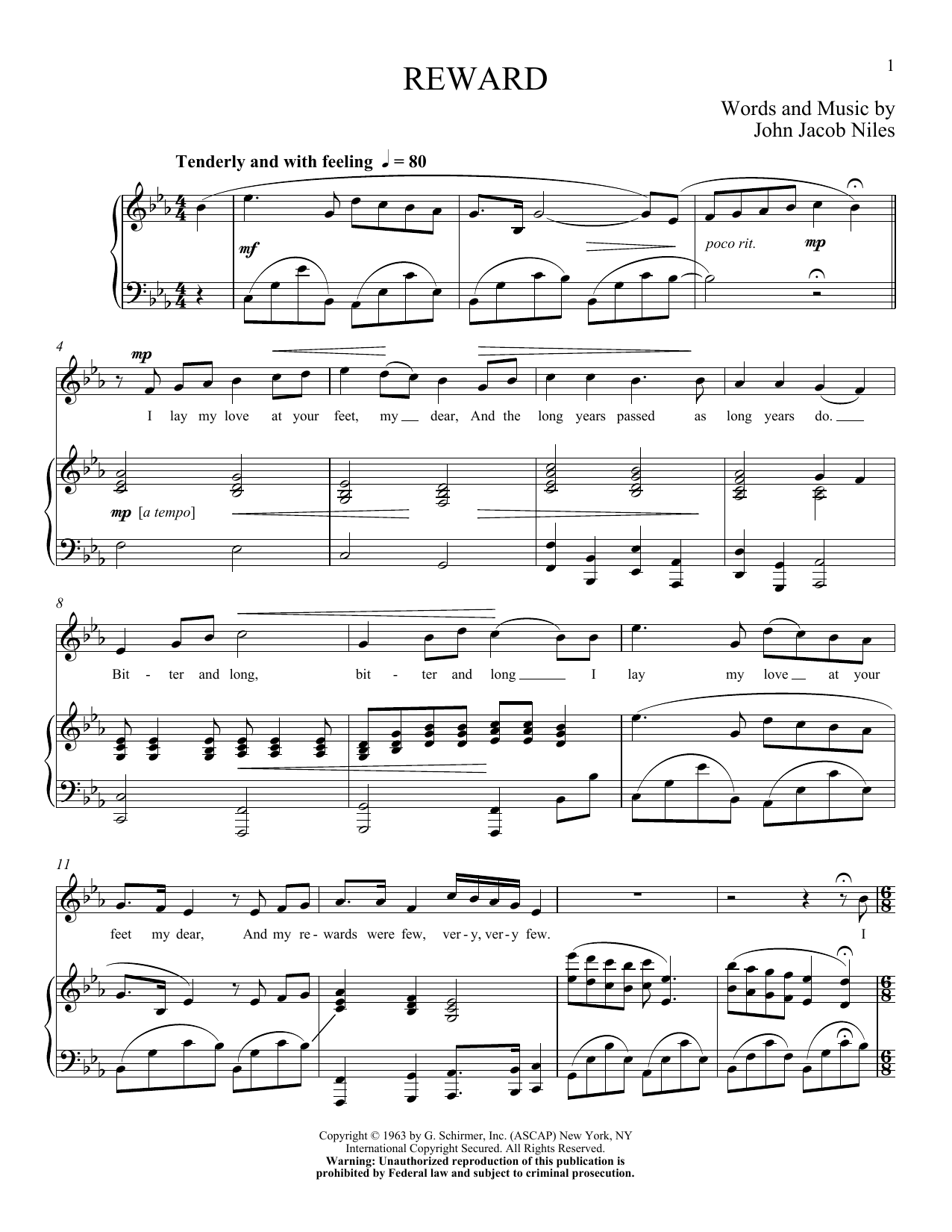 John Jacob Niles Reward sheet music notes and chords. Download Printable PDF.