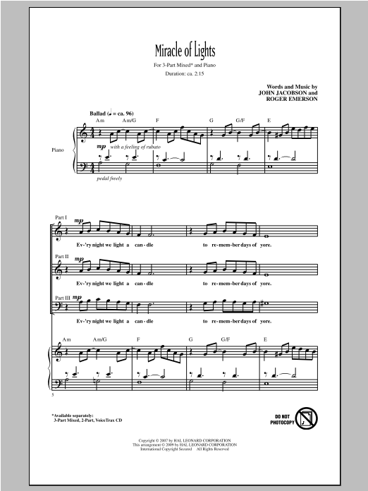 John Jacobson Miracle Of Lights (arr. Roger Emerson) sheet music notes and chords arranged for 3-Part Mixed Choir