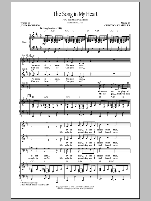 Learn to play John Jacobson The Song In My Heart sheet music for 3-Part Mixed Choir in minutes. Price: 3.9900$ John Jacobson The Song In My Heart sheet music notes and chords arranged for 3-Part Mixed Choir