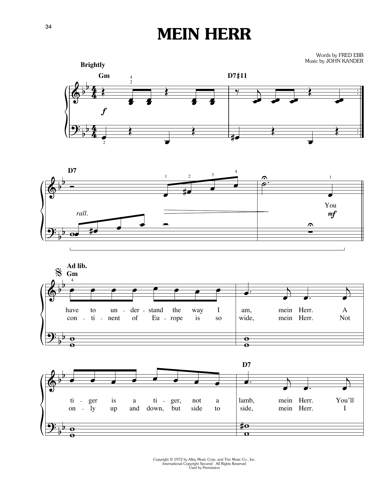 John Kander Mein Herr sheet music notes and chords. Download Printable PDF.