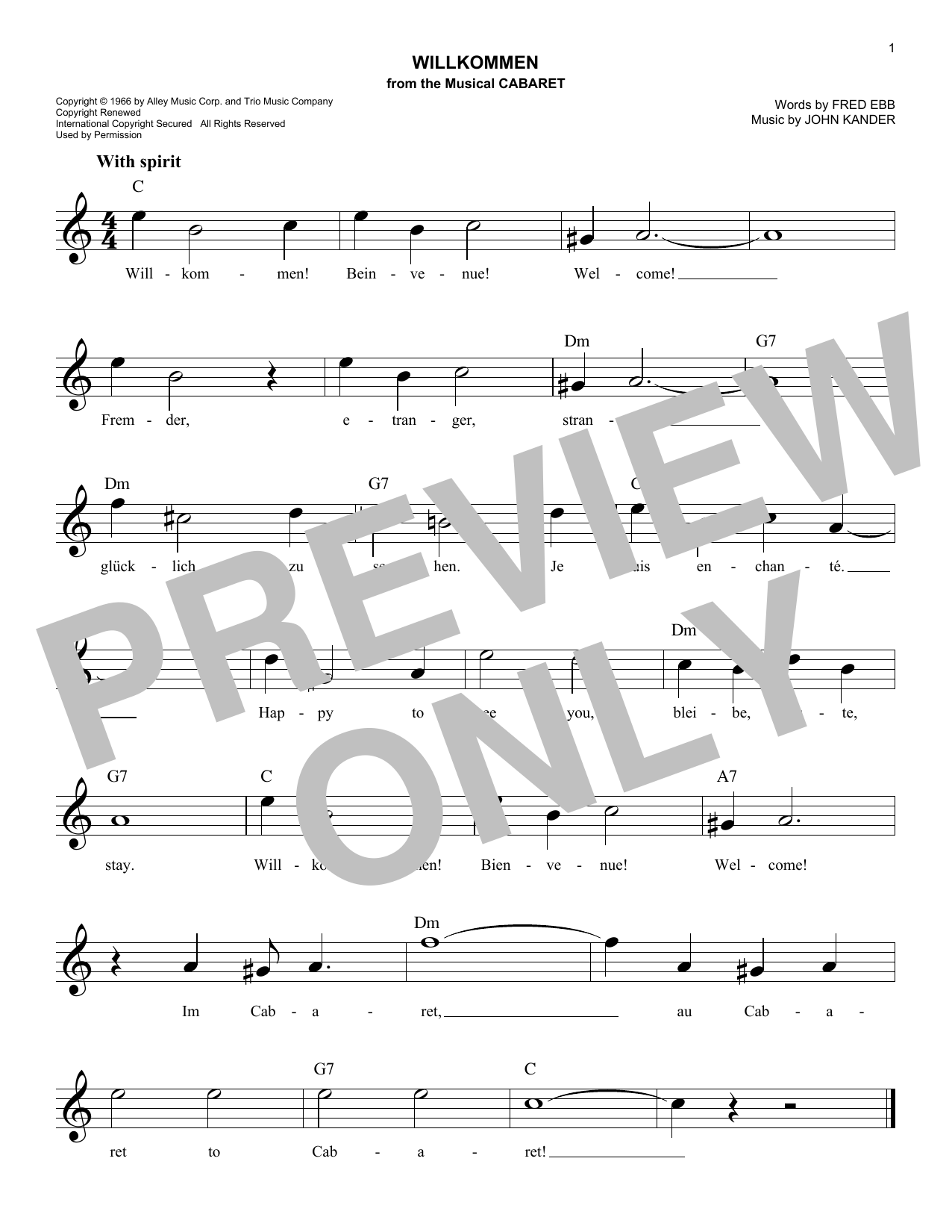 John Kander Willkommen sheet music notes and chords. Download Printable PDF.