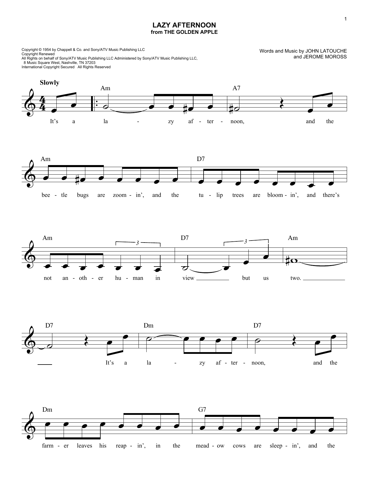 Learn to play John Latouche Lazy Afternoon sheet music for Easy Lead Sheet / Fake Book in minutes. Price: 5.9900$ John Latouche Lazy Afternoon sheet music notes and chords arranged for Easy Lead Sheet / Fake Book