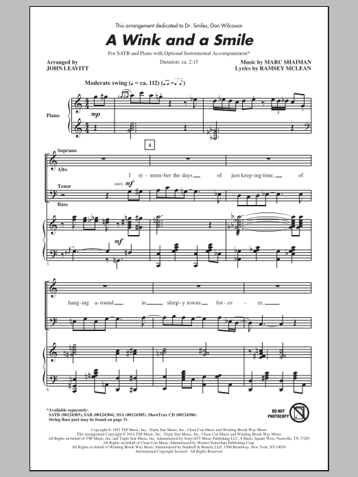 Learn to play John Leavitt A Wink And A Smile sheet music for SATB Choir in minutes. Price: 3.9900$ John Leavitt A Wink And A Smile sheet music notes and chords arranged for SATB Choir