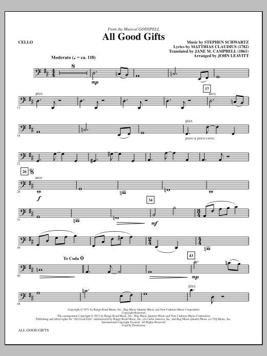 Learn to play John Leavitt All Good Gifts - Cello sheet music for Choir Instrumental Pak in minutes. Price: 8.9900$ John Leavitt All Good Gifts - Cello sheet music notes and chords arranged for Choir Instrumental Pak